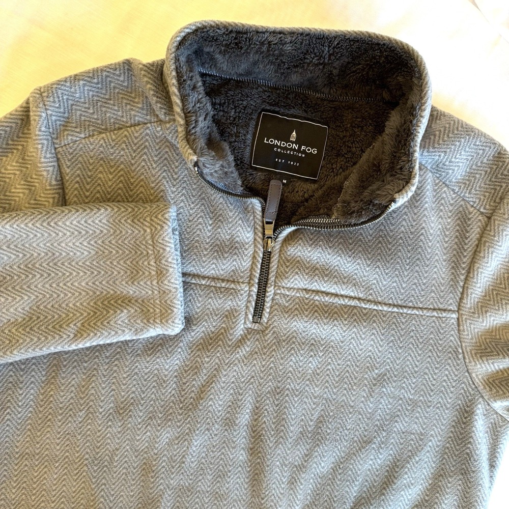 London Fog 1/4 Zip Pullover Mens Sz Medium Gray Herringbone Sherpa Fleece Lined